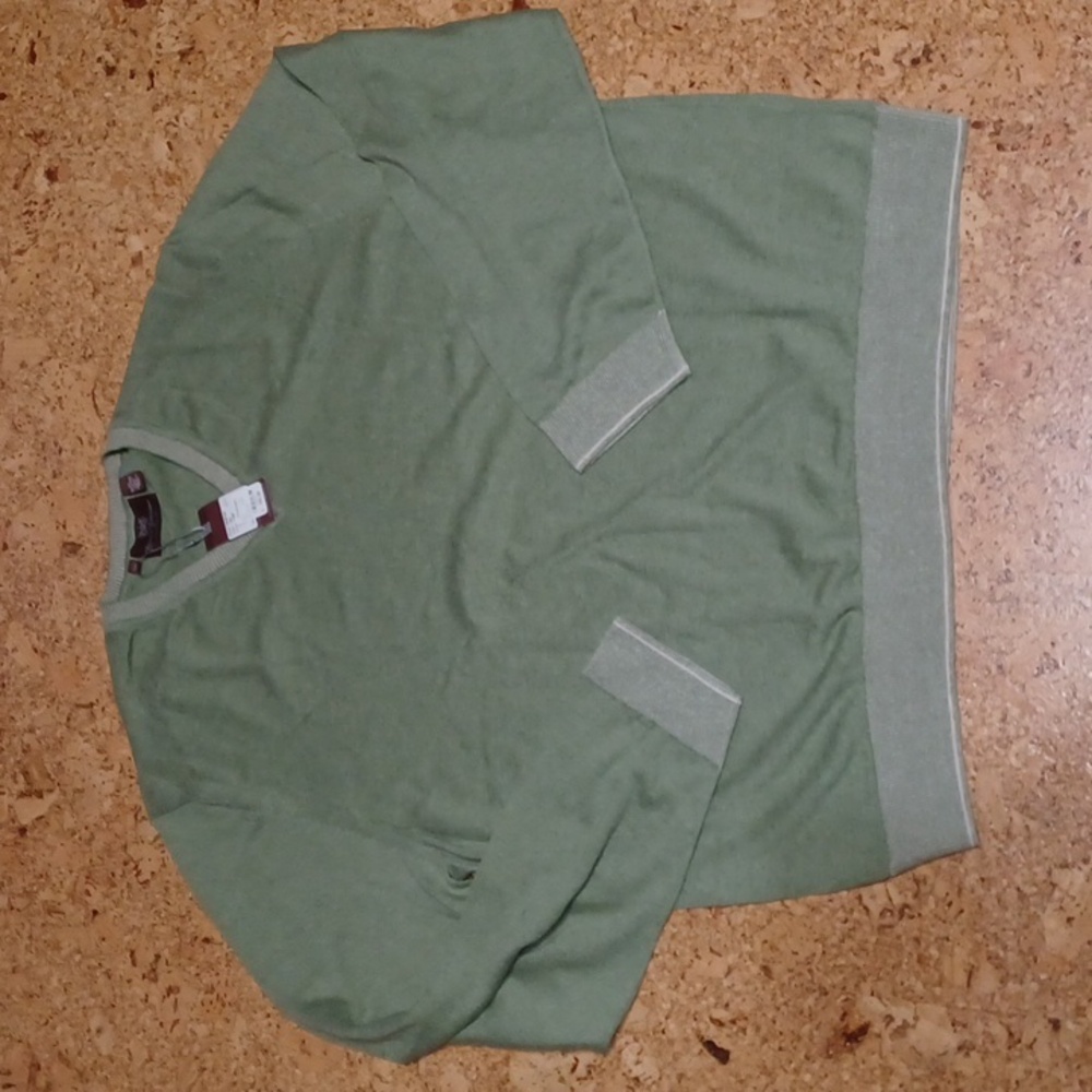 Hickey Freeman Men's Cotton V Neck Sweater Green/Tan "Pinstripes" XXL NWT